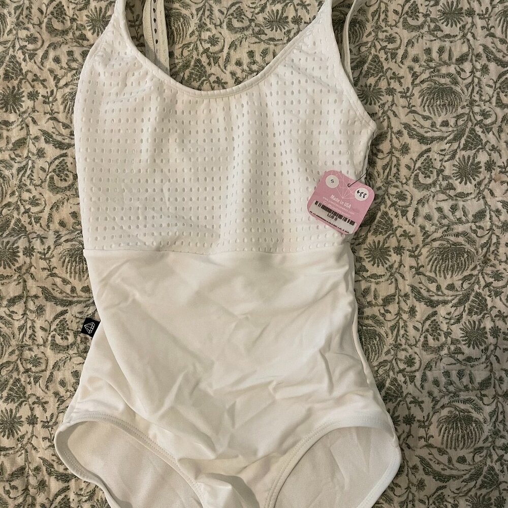 Jule Dancewear Luster Leotard: White + White Dot Mesh